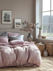 luxury cozy interior design of bedroom in villa, hotel, apartment