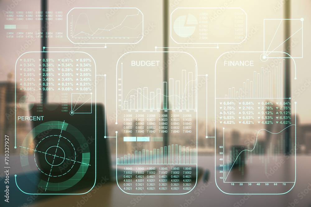 Poster double exposure of abstract creative statistics data hologram and modern desk with computer on backg