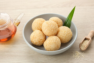 Onde-Onde, Indonesian traditional food, made from glutinous rice flour with beans pasta, wrapped in sesame seeds.
