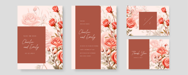 Red rose vector wedding invitation card set template with flowers and leaves watercolor. Gradient golden luxury boho watercolor wedding floral invitation template