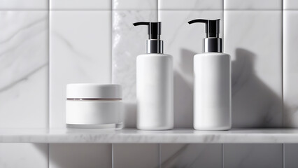 Skincare cosmetics on a shelf in a white bathroom. Cream jar container for shower gel, soap, shampoo without labels or brands. Body care, hygiene and spa concept