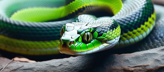 Fototapeta premium The snake crawls along the stone and hunts for prey. Bright green serpent in the wild. Dangerous and poisonous reptiles