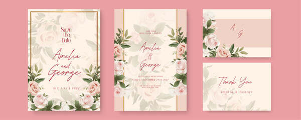 Beige and pink rose artistic wedding invitation card template set with flower decorations. Gradient golden luxury boho watercolor wedding floral invitation template