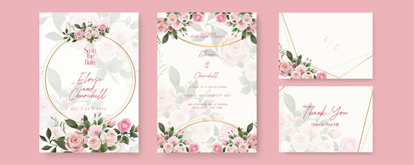 Pink rose set of wedding invitation template with shapes and flower floral border. Gradient golden luxury boho watercolor wedding floral invitation template