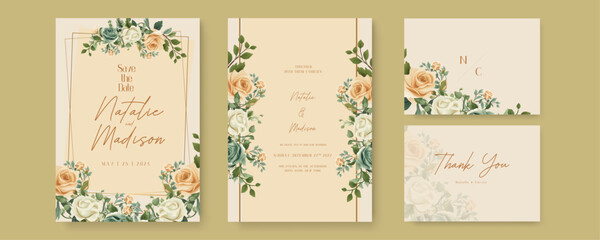 Green and beige rose vector wedding invitation card set template with flowers and leaves watercolor. Gradient golden luxury boho watercolor wedding floral invitation template