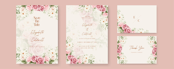 Pink and beige rose and poppy floral wedding invitation card template set with flowers frame decoration. Gradient golden luxury boho watercolor wedding floral invitation template