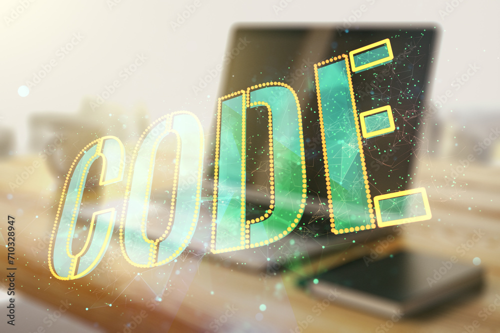 Poster Creative Code word hologram and modern desktop with laptop on background, artificial intelligence and neural networks concept. Multiexposure