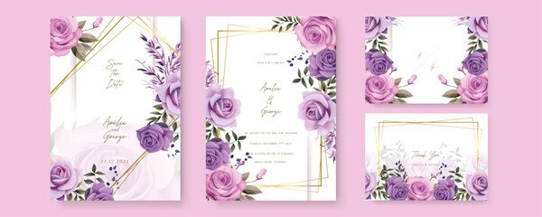 Purple violet rose luxury wedding invitation with golden line art flower and botanical leaves, shapes, watercolor. Gradient golden luxury boho watercolor wedding floral invitation template