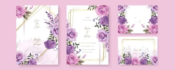 Fotobehang Purple violet rose luxury wedding invitation with golden line art flower and botanical leaves, shapes, watercolor. Gradient golden luxury boho watercolor wedding floral invitation template © SyahCreation