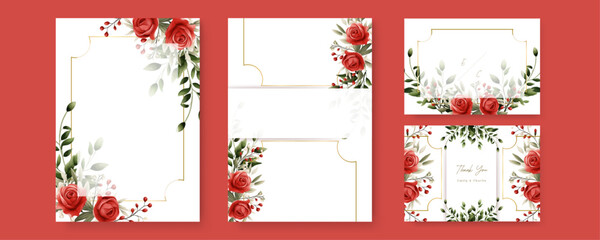 Red rose vector wedding invitation card set template with flowers and leaves watercolor. Gradient golden luxury boho watercolor wedding floral invitation template - obrazy, fototapety, plakaty