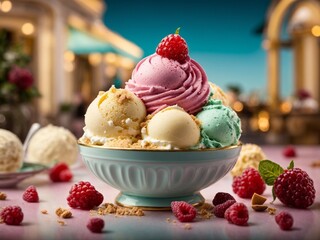 Italian gelato ice cream, handmade from whole milk, sugar, and other flavourings, cinematic photography