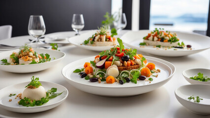 captivating scene with a medley of vegetarian delights arranged on a pristine white wooden table in the ambiance of a contemporary restaurant