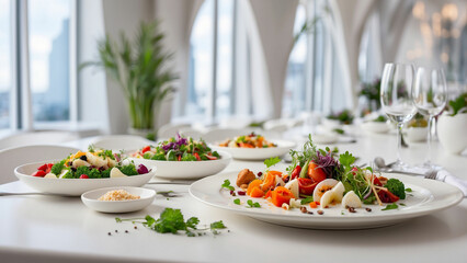 captivating scene with a medley of vegetarian delights arranged on a pristine white wooden table in the ambiance of a contemporary restaurant