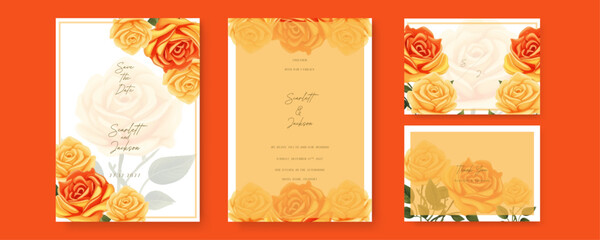 Fototapeta premium Orange and yellow rose beautiful wedding invitation card template set with flowers and floral. Gradient golden luxury boho watercolor wedding floral invitation template