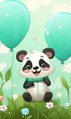 Naklejka premium Illustration of cute panda with balls, cartoon design. Funny portrait of happy smiling panda on green forest background with air balloons. Children Birthday card with copy space.
