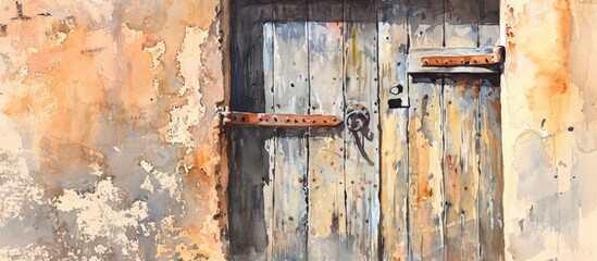 original watercolor painting of an aged door