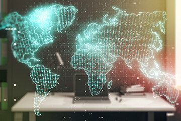 Multi exposure of abstract graphic world map and modern desk with computer on background, connection and communication concept