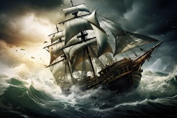 Naklejka premium Witness the awe-inspiring depiction of a sailing ship facing turbulent waters in this captivating painting, A vintage wooden sailing ship battling a stormy sea, AI Generated