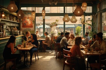 A diverse group of individuals enjoying a meal together at tables in a bustling restaurant, A vintage-style coffee shop crowded with millennials, AI Generated