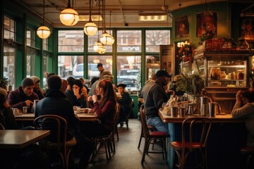 A vibrant scene of people gathered around tables, enjoying a meal and conversation in a bustling restaurant, A vintage-style coffee shop crowded with millennials, AI Generated