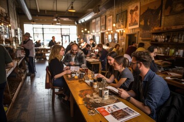 A diverse group of individuals sitting around a table in a popular restaurant, enjoying a meal and engaged in conversation, A vintage-style coffee shop crowded with millennials, AI Generated - obrazy, fototapety, plakaty