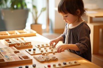 A little girl focused and fully engrossed in a game of checkers, her tiny hands moving the pieces on a brown wooden table, A visual representation of Montessori education, AI Generated