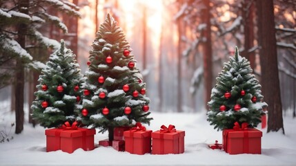 christmas trees with red and golden garlands into a forest with snowy flakes with shape of stars close