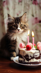 Cat sitting and looking at the cake on the table. Cats birthday. Cute cat at a party cake with candles at home. Greeting card, birthday, anniversary or holiday concept. Confectionery, bakery