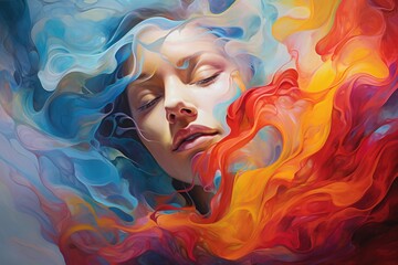 This captivating painting depicts a woman with her eyes gently closed, exuding a sense of tranquility and inner peace, A whirlwind of emotions conveyed through swirling acrylic hues, AI Generated