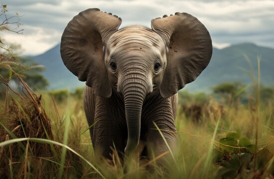 Baby elephant walks on green grass, baby wild animals image