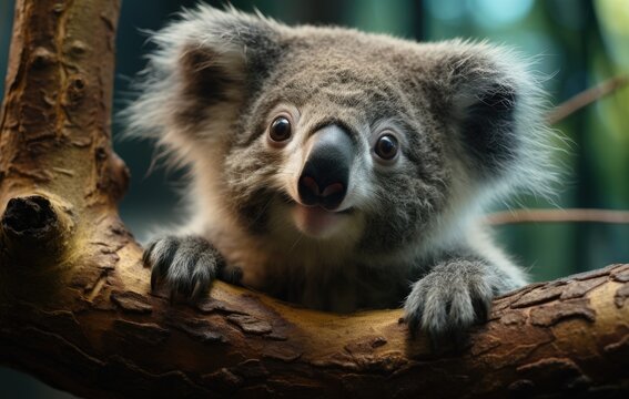 Koala bear standing on a tree branch in the wild, baby wild animals picture