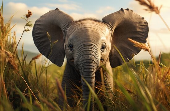 Baby elephant walking through tall grass in the wild, baby wild animals image