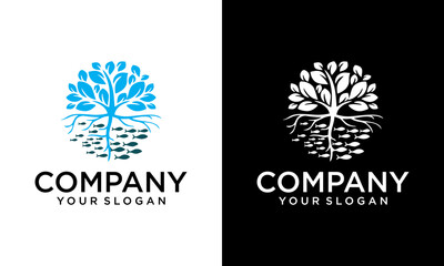 Creative tree Mangrove Forest Preservation concept logo. Tree, roots and fish logo design vector isolated, tree with round shape