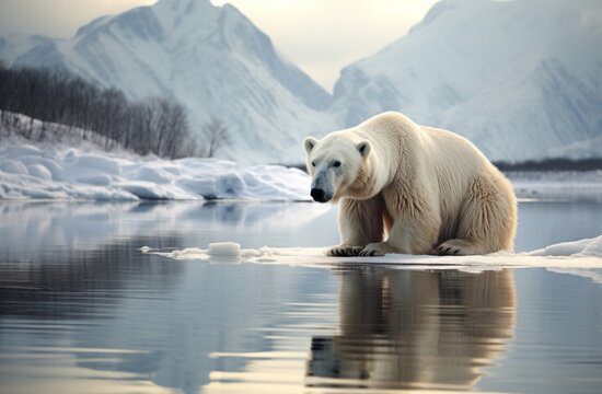 Polar bear on icy surface with water backdrop, bears and arctic wildlife photo