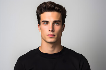 Fototapeta premium Confident Style: Portrait of a Handsome Young Man in Black T-Shirt on White Background