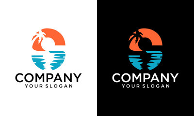 Creative sunset Summer logo design template initial letter s with palm tree icon and modern unique concept