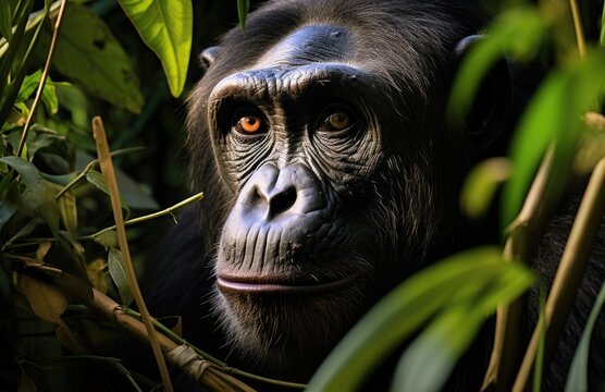 Curious chimpanzee exploring jungle, monkeys and primates image