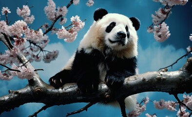 Naklejka premium Panda sitting on branch in the bamboo forest, rare and endangered species photo