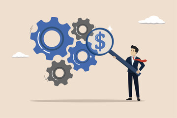 Cost effective, expense for better profit strategy concept, businessman with magnifier dollar money from cog gear production.