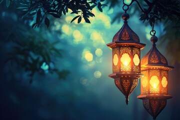 Fototapeta na wymiar Ramadan kareem calligraphy, Ornamental Arabic lantern with burning candle glowing at night. Greeting card, invitation for Muslim holy month Ramadan Kareem.