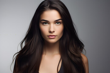 Naklejka premium Timeless Beauty: Very Beautiful Brunette with Long Hair on White Background