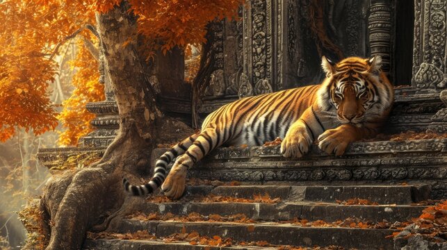 Tiger relaxing on stairs with a tree behind it, in the style of Buddhist art and architecture.