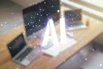Creative artificial Intelligence symbol concept and modern desktop with computer on background....