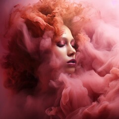Smoke and colors. Woman smoker. Women portrait with pink peach pigments, deep red with pink smoky mist gradient, Happy women's day. 8 March.