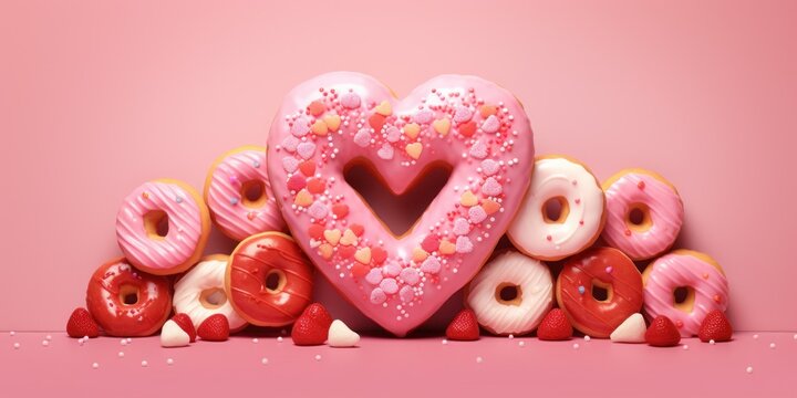 Valentine pink donut with strawberry. Strawberry donut with pink frosting and decorative hearts.