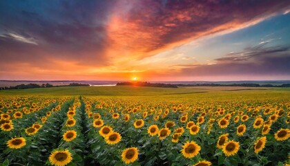 Fototapeta premium Rural landscape, field of sunflowers and sunset with bright beautiful sky.