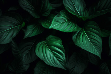 Close-up of green leaves on a dark background, Generative AI