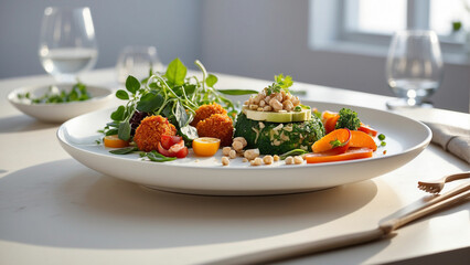 beauty of plant based dining by capturing a snapshot of a vegetarian food plate on a bright white wooden table in a modern restaurant