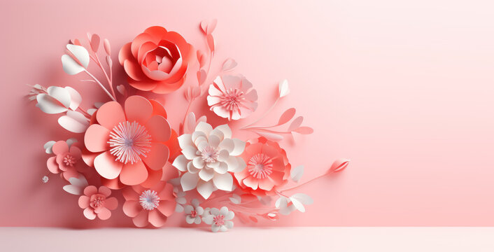 Paper cut floral composition. Flower paper craft style. Mother's day. Women's day. Botanical 8 March. Happy holidays, Greetings, Invitation banner. Pink, red colors.