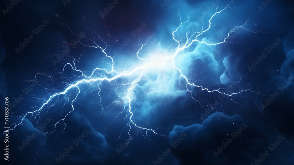 Sticker lightning strikes against a dark background, blue background with a lot of lightning, generative ai